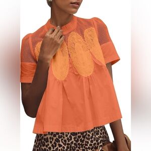 Women's Orange Lace-Yoke Short Sleeve Top large
